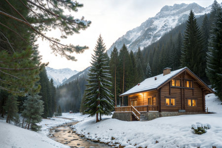 A charming wooden cabin nestled in a snow-covered valley, surrounded by towering mountains and evergreen trees.  Warm light glows from the windows.の写真素材