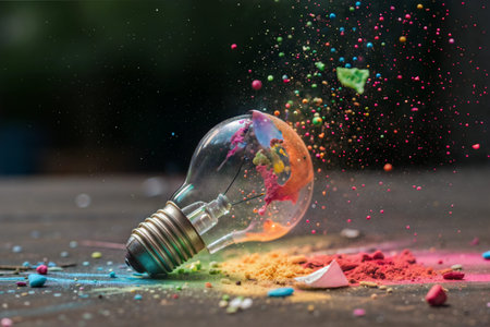 A lightbulb explodes in a burst of vibrant rainbow colors, creating a dynamic and artistic image.の写真素材