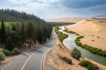 A scenic road winds through a desert landscape, alongside a flowing river and lush greenery.