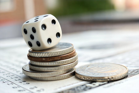 A white die rests on a stack of coins atop financial documents, symbolizing financial risk and chance.の写真素材