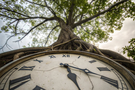 A large tree's roots have grown around and over an antique clock, a surreal image of time and nature.の写真素材