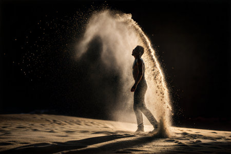 Silhouette of a man walking through a desert with sand flying around him, creating a magical atmosphere.の写真素材