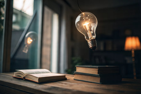 An open book and a stack of books sit on a wooden table, illuminated by a hanging lightbulb.の写真素材