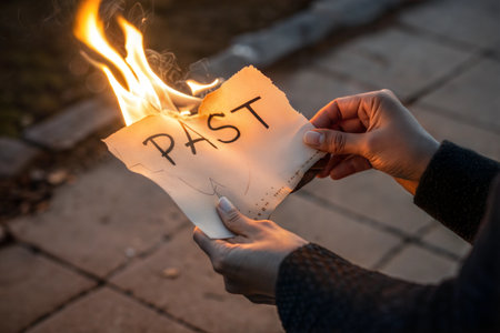 A person sets a piece of paper with the word PAST written on it on fire, symbolizing letting go of the past.の写真素材