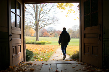 A person walks away from an open doorway, towards a beautiful autumn scene. Fall leaves cover the ground.の写真素材