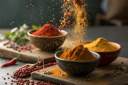 A vibrant image of various spices in bowls, with one being poured.  Focuses on texture and color.の写真素材