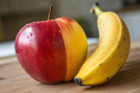 Close-up of a red apple and a yellow banana on a wooden surface. The apple is wet and shiny.の写真素材