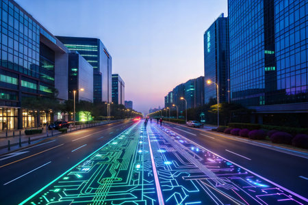 Futuristic city street with glowing circuit lines on the road at night. Modern buildings line the...