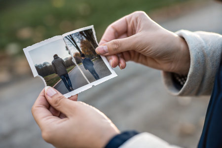 A person holds a torn photograph depicting two individuals walking away from each other on a path.  The image evokes feelings of separation or loss.の写真素材