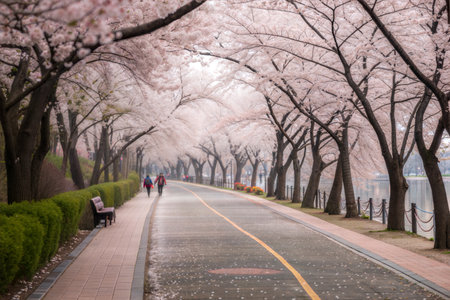 A tranquil pathway lined with blossoming cherry trees, two people walking along the path. Soft, misty atmosphere.の写真素材