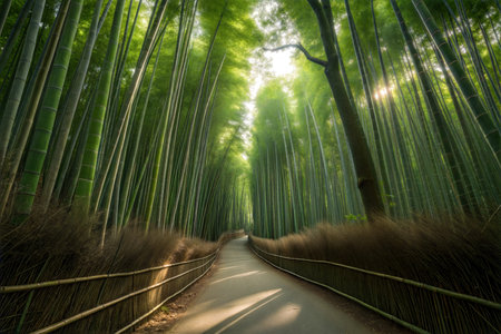 A sunlit path winds through a dense bamboo forest in Arashiyama, Kyoto, Japan. Lush green stalks tower overhead, creating a tranquil atmosphere.の写真素材