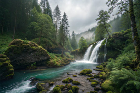 Serene waterfall cascading through a mystical, moss-covered forest. Fog hangs in the air, creating...