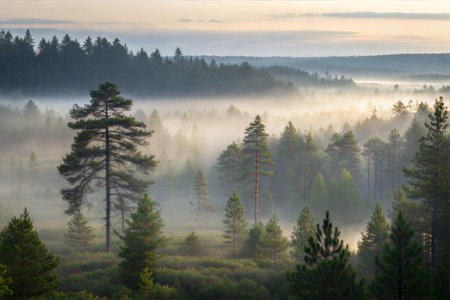 A tranquil sunrise scene in a pine forest, with mist creating a mystical atmosphere. The sun's rays...