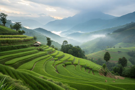 Stunning view of rice terraces carved into a mountainside, with a small hut and misty mountains in the background.の写真素材