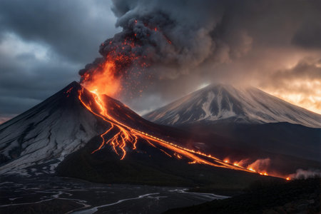 A dramatic image of a volcano erupting at dawn, with lava flowing down its slopes.