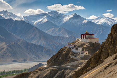 Picturesque view of Lamayuru Monastery perched on a cliff overlooking snow-capped Himalayas.