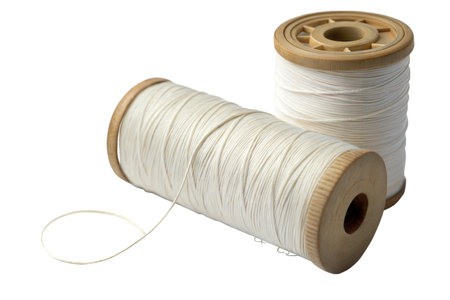 Two spools of off-white thread on wooden spools, against a black background.  One spool is slightly...