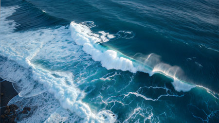 Drone shot of a large wave breaking on the shore, showing the white foam and blue water.の写真素材