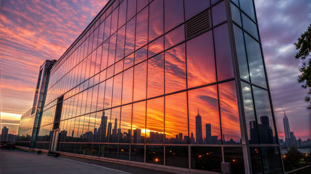 A modern glass building reflects a vibrant sunset and city skyline, creating a stunning urban landscape.の写真素材