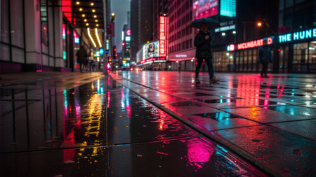 Vibrant reflections of city lights on a rain-slicked street at night. A person with an umbrella walks in the distance.の写真素材
