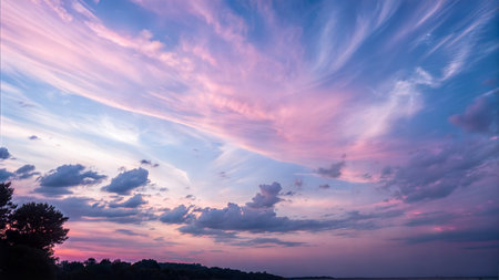 Soft pastel colors paint the evening sky with fluffy clouds and wispy streaks. Tranquil and serene landscape.の写真素材