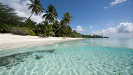 Stunning beach with crystal-clear water, palm trees, and white sand.  A perfect tropical getaway.の写真素材