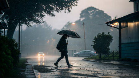 A man walks down a rain-swept street under an umbrella. Cars pass by in the background.の写真素材