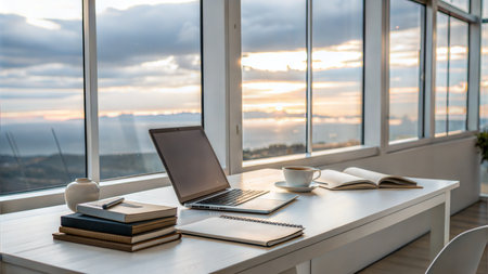 A laptop, books, and coffee sit on a desk overlooking a stunning sunset. The image evokes feelings of peace, productivity, and inspiration.の写真素材