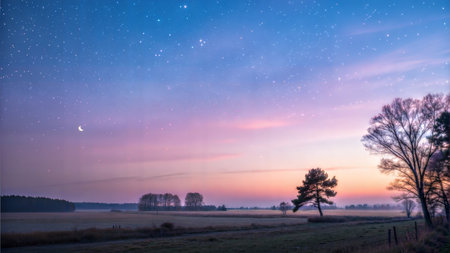 Scenic landscape with trees under a pastel sky full of stars and a crescent moon. Peaceful and serene atmosphere.の写真素材