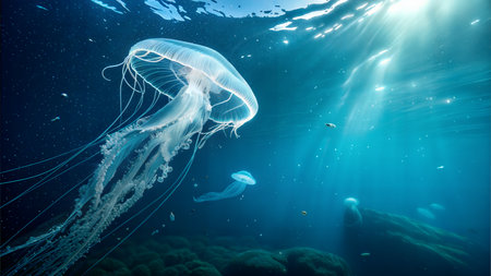 Majestic jellyfish gracefully floats in a sunlit ocean, other smaller jellies and fish in the backgroundの写真素材
