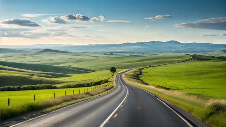 A scenic road curves through rolling green hills under a bright blue sky.の写真素材