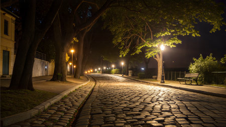 A quiet cobblestone street at night, lined with trees and lit by lampposts. A bench sits invitingly to the side.の写真素材