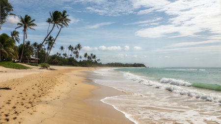 A scenic view of a tropical beach with palm trees, clear water, and footprints in the sand.の写真素材