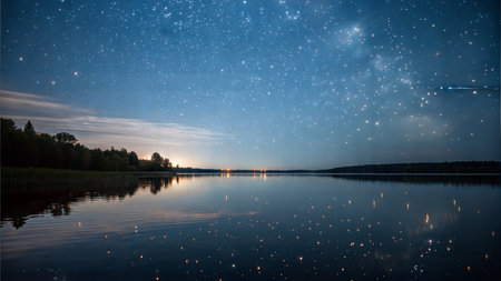 Stunning night sky over a calm lake, stars reflected in the water. Tranquil and serene landscape.の写真素材