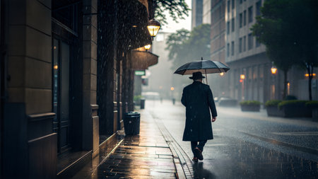 A man walks down a rain-soaked city street, holding an umbrella. The atmosphere is moody and atmospheric.の写真素材