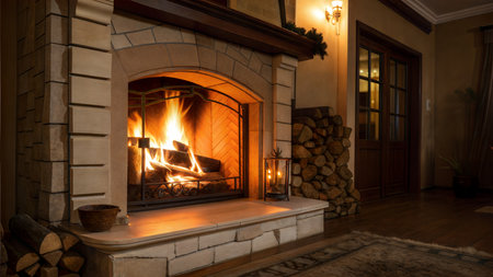 A warm and inviting fireplace with burning wood, surrounded by a stone mantelpiece and hardwood floor. A cozy and luxurious home setting.の写真素材