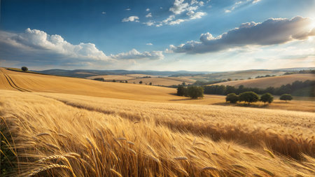 A picturesque landscape of rolling hills covered in golden wheat fields under a vibrant blue sky with fluffy clouds. The sun shines brightly, creating a warm and idyllic scene.の写真素材