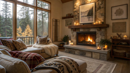 A warm and inviting living room with a stone fireplace, comfortable seating, and stunning forest views.の写真素材