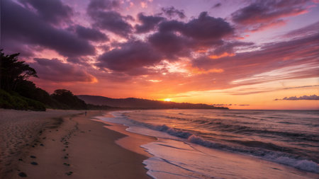 Stunning sunset over a tropical beach with waves gently rolling ashore. A person strolls along the sand.の写真素材