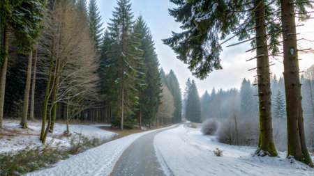A scenic paved path winds through a snow-covered forest, with tall evergreens and leafless trees lining the way. Sunlight filters through the trees, creating a tranquil atmosphere.の写真素材