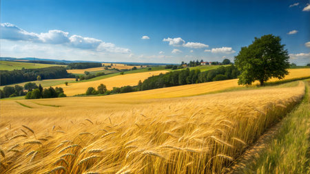 Stunning landscape of a golden wheat field under a vibrant blue sky with fluffy white clouds. A lone tree stands in the distance.の写真素材