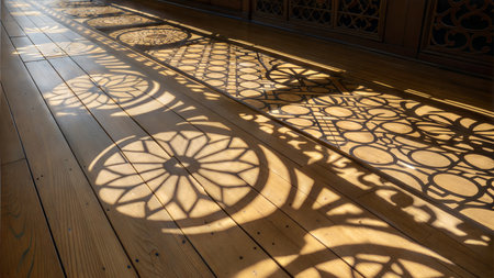 Sunlight casts intricate shadows of a patterned screen onto a light brown wooden floor, creating a visually appealing contrast.の写真素材