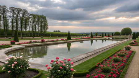 A picturesque French garden with a reflecting pool, manicured hedges, and vibrant flowers at sunset.の写真素材