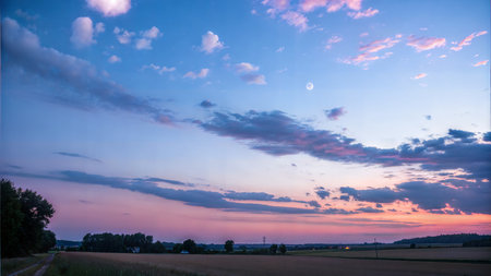 Serene landscape with pastel sunset sky, fluffy clouds, and a full moon. Tranquil countryside scene.の写真素材