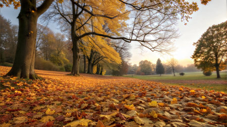 Sunlight illuminates golden and red maple leaves covering the ground of a park.の写真素材