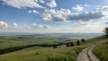 A picturesque view of rolling green hills under a partly cloudy sky. A dirt road winds through the...