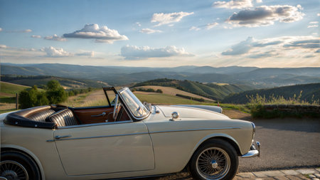 A vintage convertible enjoys a scenic overlook of rolling hills and a vibrant sunset.の写真素材