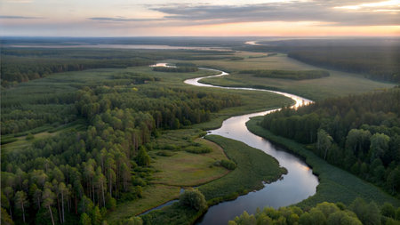 A scenic aerial shot of a river snaking through a lush green forest at sunset. The calm water reflects the warm light.の写真素材