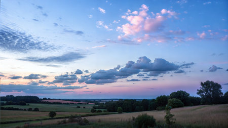 Pink and purple sunset colors over a picturesque landscape of fields and forests. Tranquil and idyllic scene.の写真素材