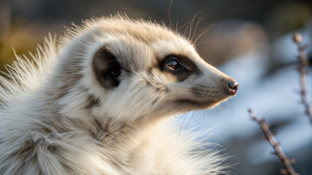 Close-up profile of an albino meerkat, showing its unique white fur and dark eyes. The background is blurred.の写真素材